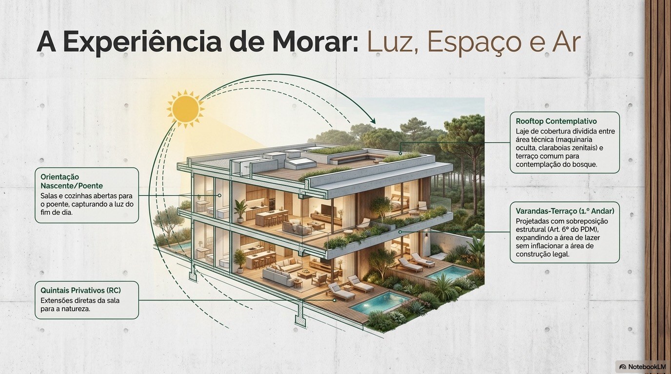 Cutaway do edifício — luz, espaço e piscina privada
